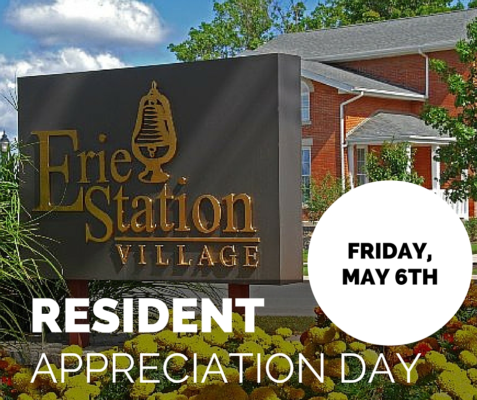 Erie Station Village Sign. Text: Resident appreciation day. Friday, May 6th