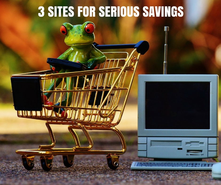 Plastic frog, shopping cart, and computer. Text: 3 sites for serious savings