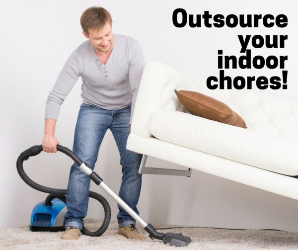 Man vacuuming. Text: Outsource your indoor chores