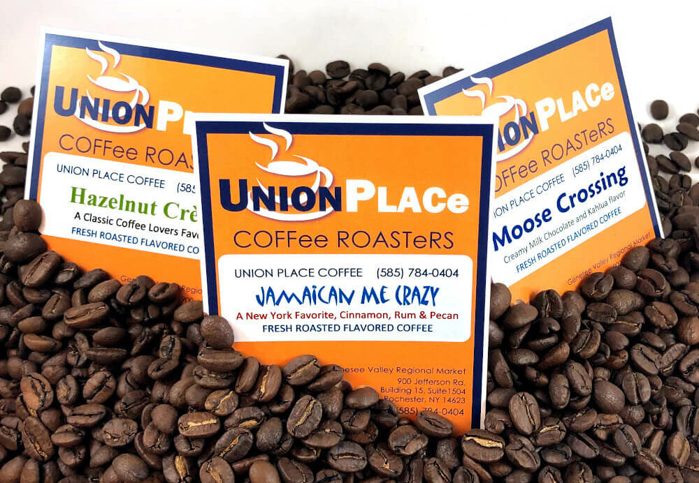 Roasted coffee beans with Union Place Coffee Roasters sign