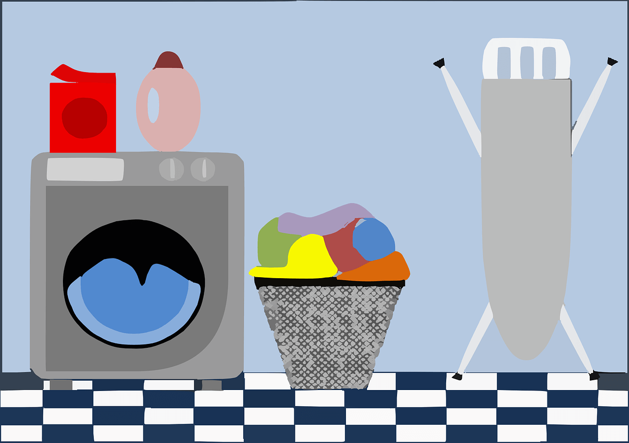 Illustration of washing machine, laundry basket and ironing board