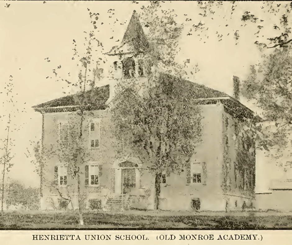 Image from a postcard featuring the Henrietta Union School from approximately 1908