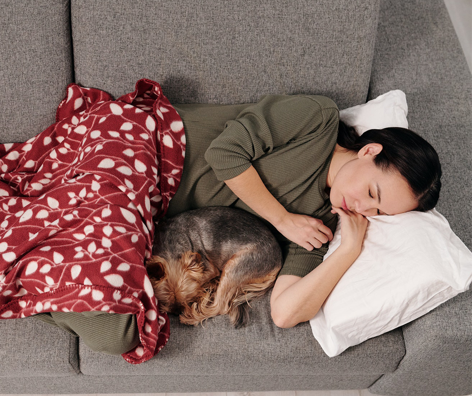 Woman napping on a sofa with her dog. Image credit: Jep Gambardella