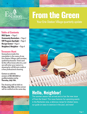 Cover of Erie Station Village community newsletter, summer 2024 issue. Includes table of contents and picture of drink, hat, and sunglasses by pool.