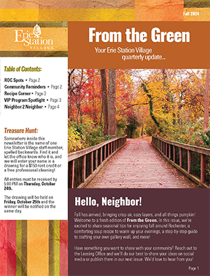 Cover of Erie Station Village community newsletter, fall 2024 issue. Includes table of contents and picture of wooden pathway, colorful trees, and forest.