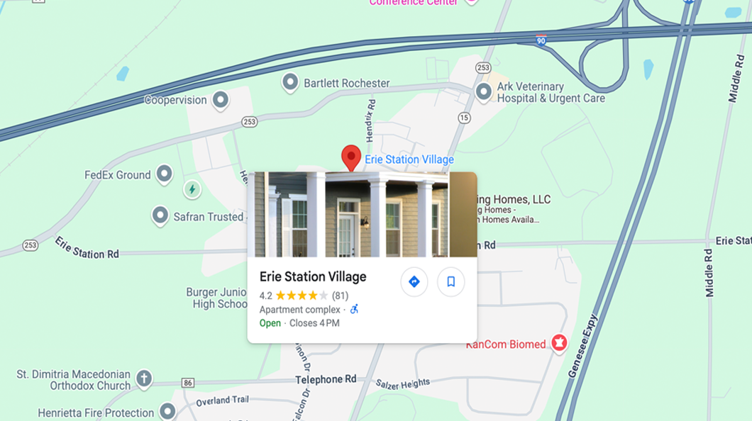 Image of Google Map showing the location of Erie Station Village