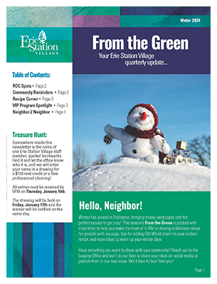 Cover of winter newsletter with snowman on top of a snowy hill.